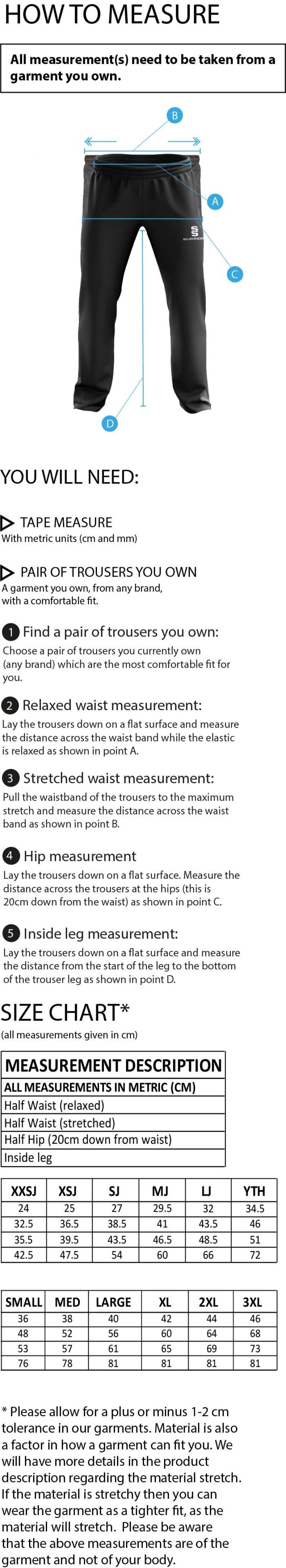 WALTON LE DALE CC POPLIN TRACK PANT WITH LYCRA - Size Guide