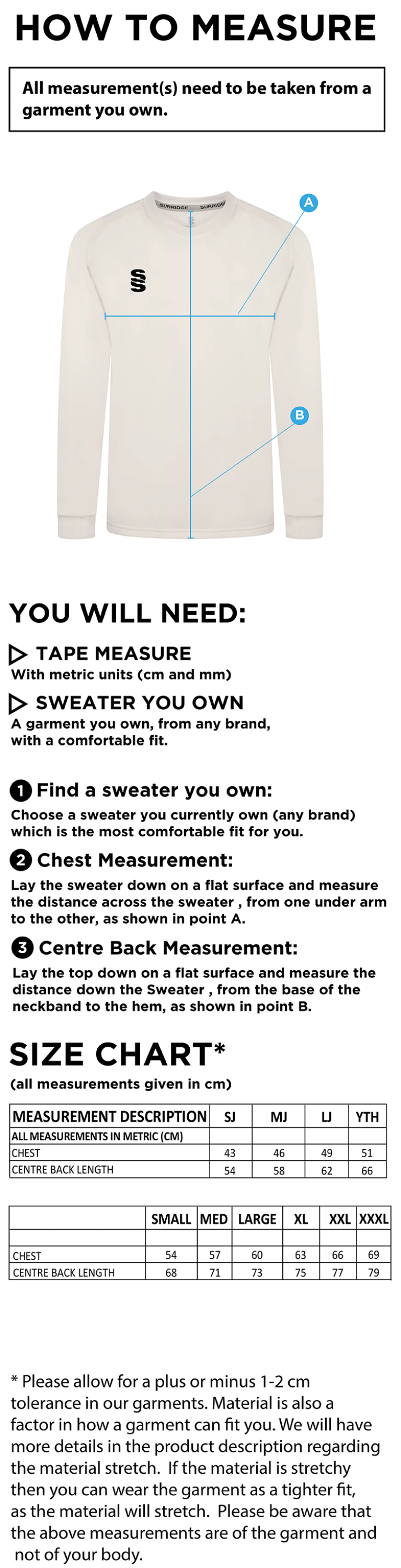 Walton Le Dale Blast Long Sleeve Cricket Sweater - Size Guide