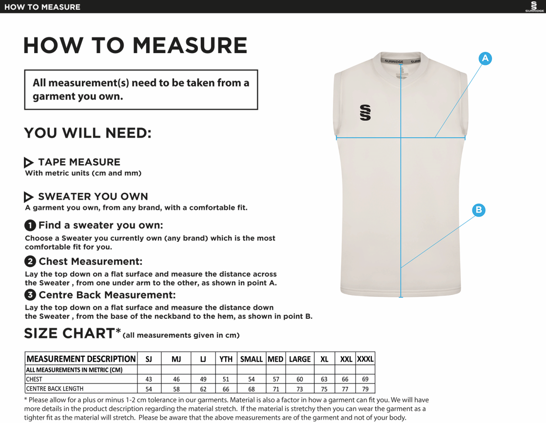 Walton Le Dale Blast Sleeveless Cricket Sweater - Size Guide
