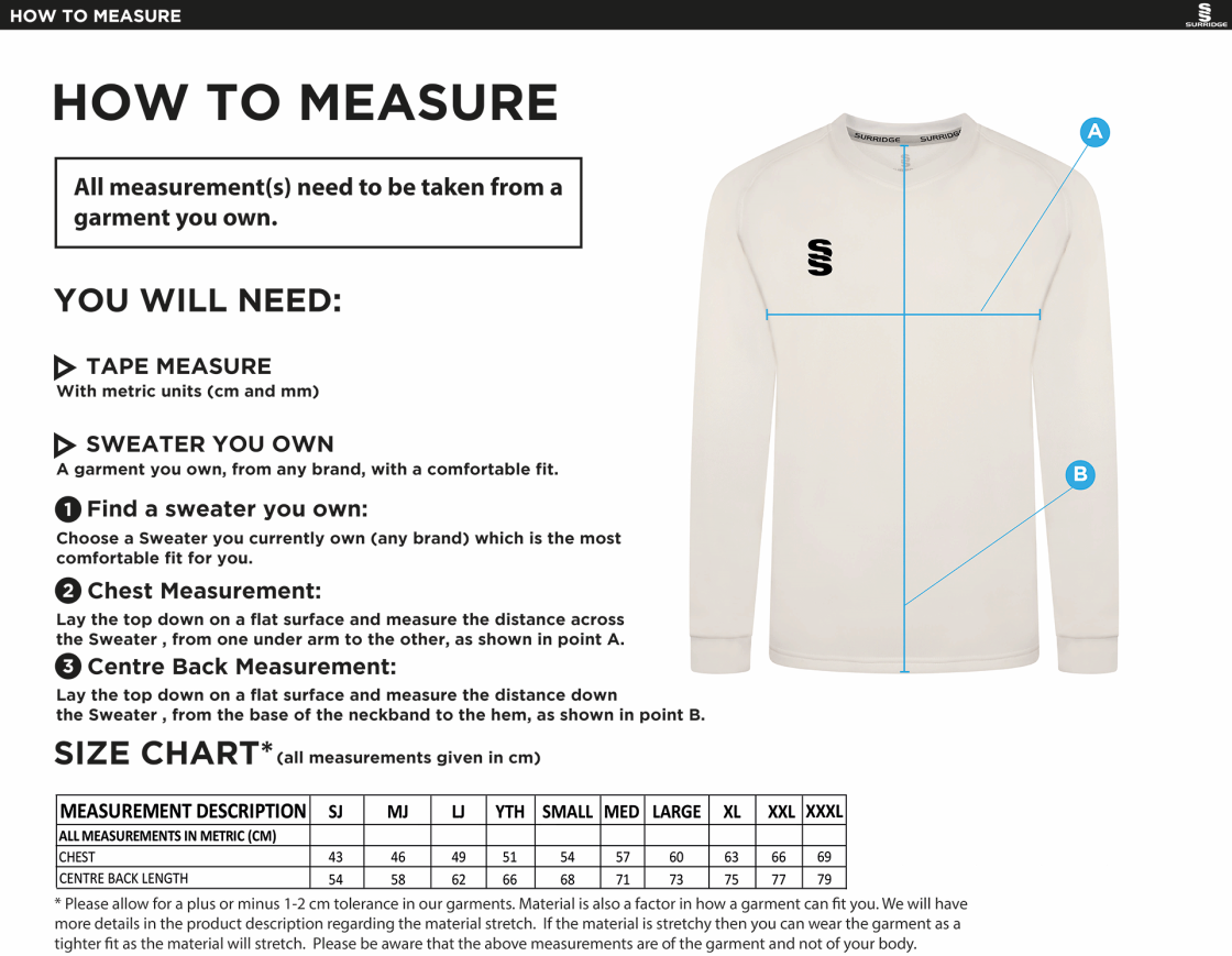 Walton Le Dale Blast Long Sleeve Cricket Sweater - Size Guide
