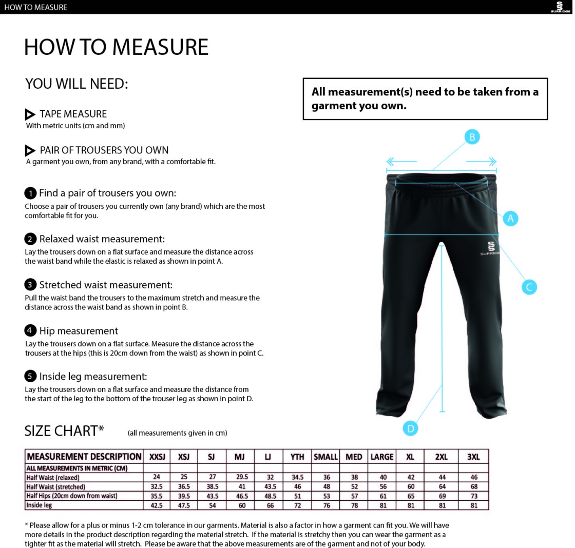 WALTON LE DALE CC POPLIN TRACK PANT WITH LYCRA - Size Guide
