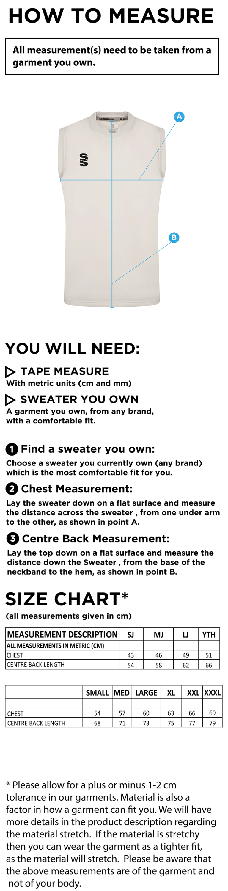 Walton Le Dale Blast Sleeveless Cricket Sweater - Size Guide